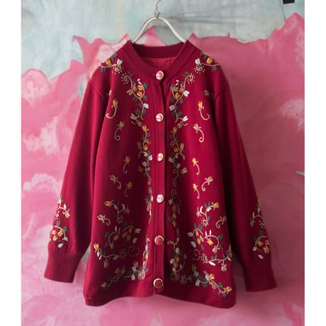 70-80's Embroidery Flower Pattern Knit Cardigan