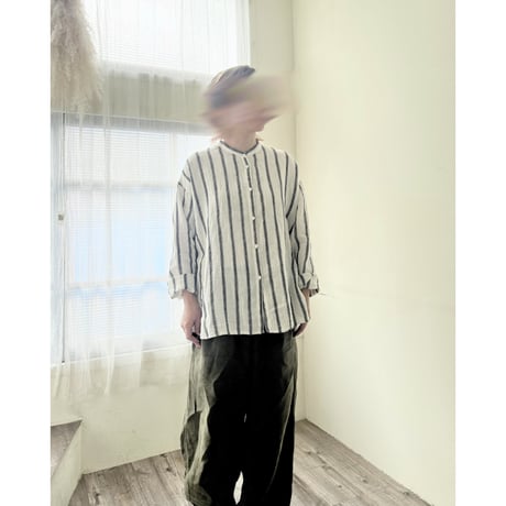 【即納品】ユニセックスシャツ(スタンドカラー/ストライプ)