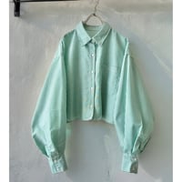 Mint Color Stripe Balloon Sleeve Short Shirt