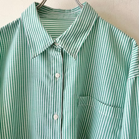 Mint Color Stripe Balloon Sleeve Short Shirt