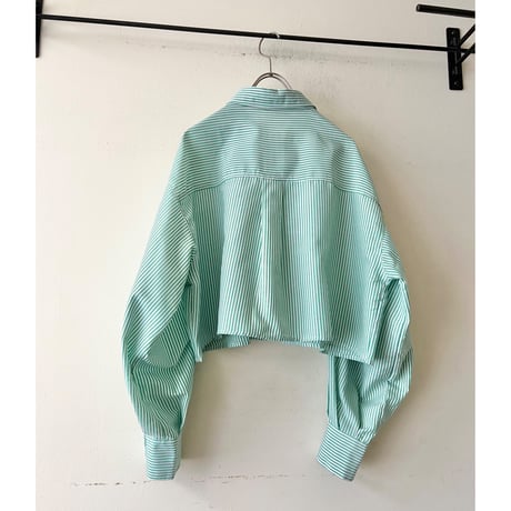 Mint Color Stripe Balloon Sleeve Short Shirt