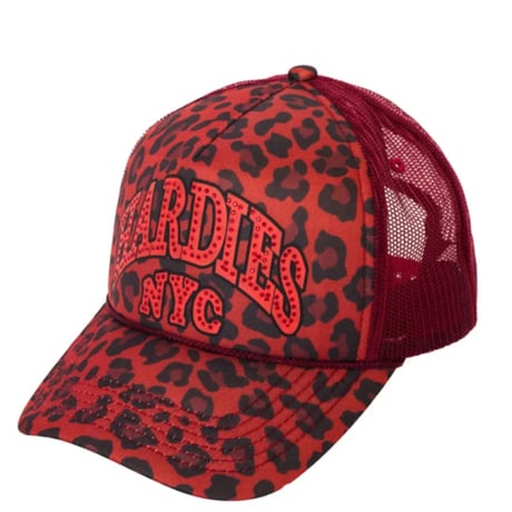 HARDIES HARDWEAR RHINESTONE TRUCKER HAT - RED CHEETAR/BLACK