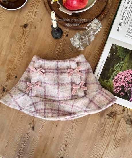 予約 melikey Check ribbon frill skirt