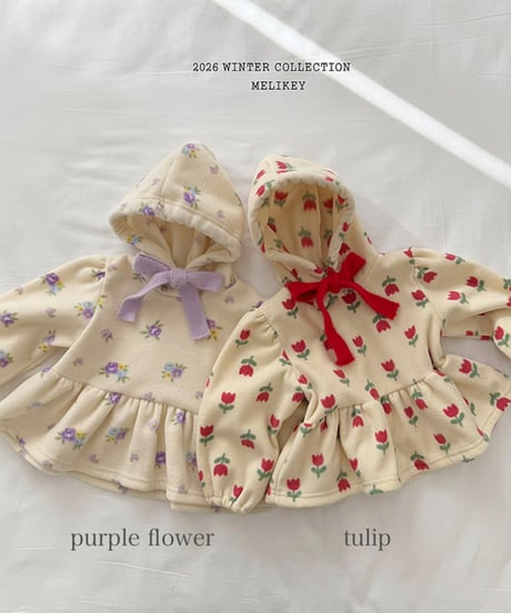 予約 melikey Flower ruffle hooded tee