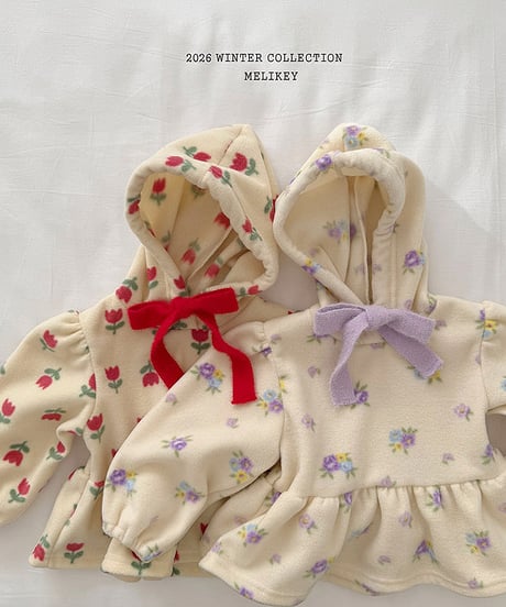 予約 melikey Flower ruffle hooded tee