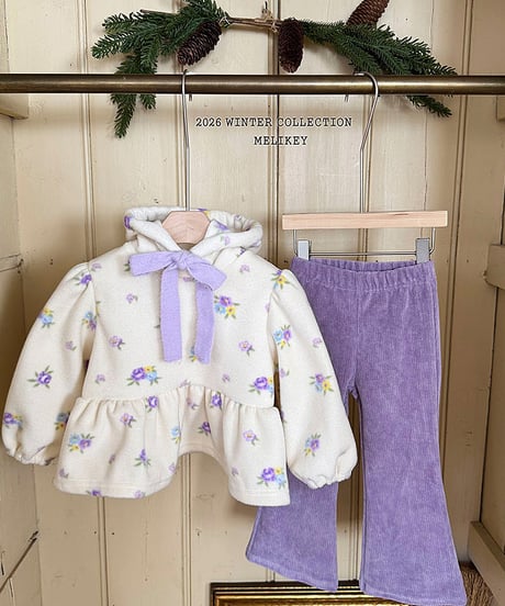 予約 melikey Flower ruffle hooded tee