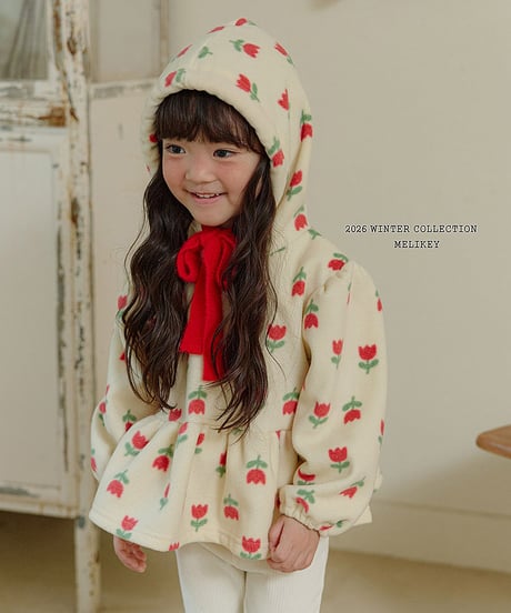 予約 melikey Flower ruffle hooded tee