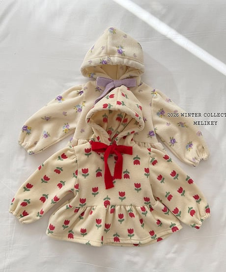 予約 melikey Flower ruffle hooded tee