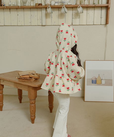 予約 melikey Flower ruffle hooded tee