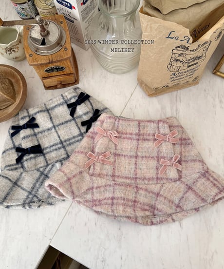 予約 melikey Check ribbon frill skirt