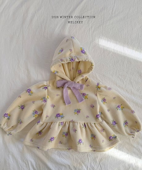 予約 melikey Flower ruffle hooded tee