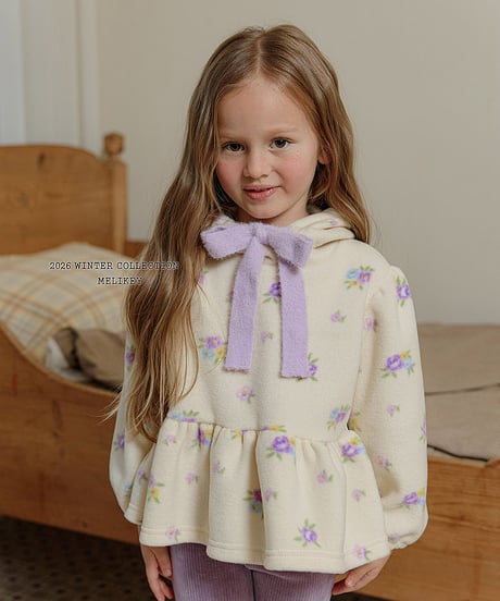 予約 melikey Flower ruffle hooded tee