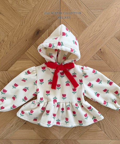 予約 melikey Flower ruffle hooded tee