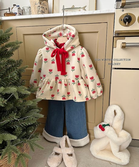 予約 melikey Flower ruffle hooded tee