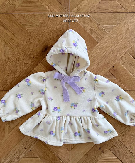 予約 melikey Flower ruffle hooded tee