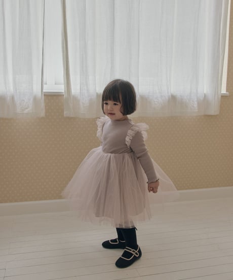 予約 The beige Ribbed Tulle dress
