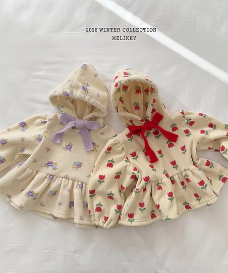 予約 melikey Flower ruffle hooded tee