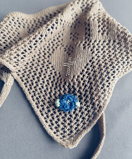 【Sway】<LOVE YOU Kerchief> BEIGE x Silver beads & Blue Flower