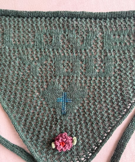 【Sway】<LOVE YOU Kerchief> GREEN x  Blue beads & Pink Flower