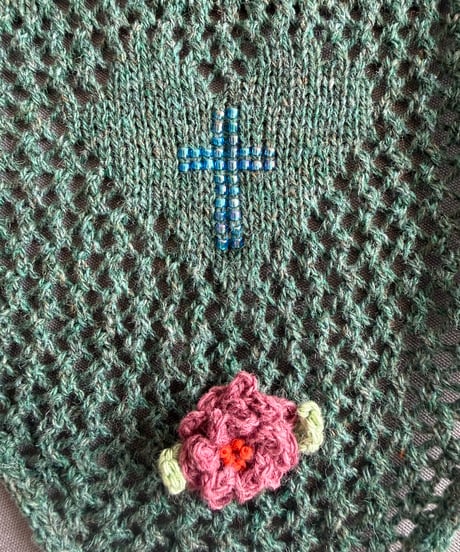 【Sway】<LOVE YOU Kerchief> GREEN x  Blue beads & Pink Flower