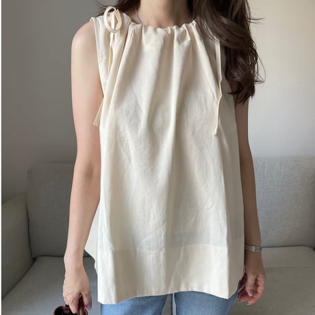Linen ribbon tops(Cream yellow)