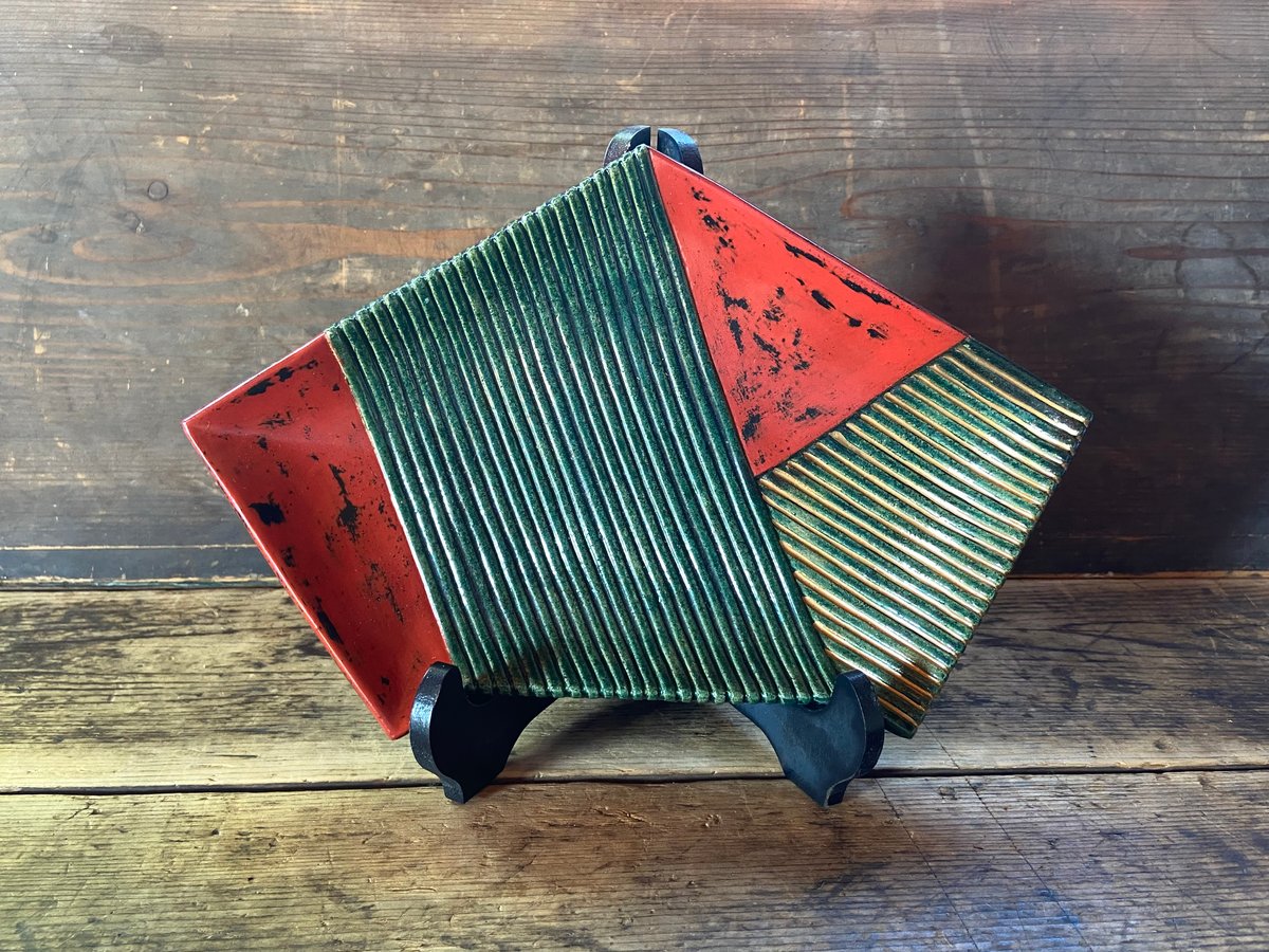 ⭐️茶道具　菓子器　織部菓子皿　渓泉作　共箱　S67KN 泉喜仙 大樋 松雲窯 陶漆結文皿 共箱付き/ 菓子皿 菓子器 | SALON