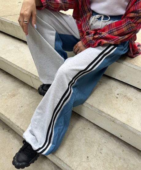 異素材ミックスサイドラインスウェットパンツ