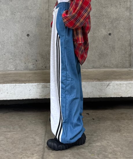 異素材ミックスサイドラインスウェットパンツ