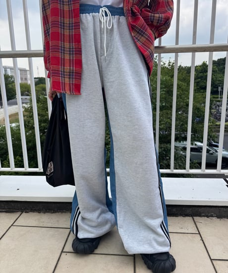異素材ミックスサイドラインスウェットパンツ