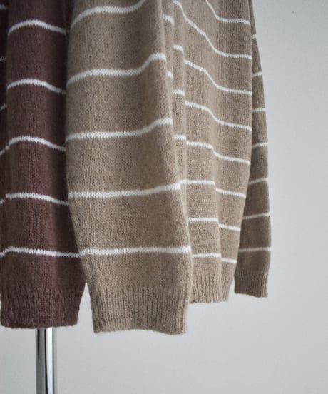 knit-02389　ポロカラー ボーダー ニット　ベージュ　ブラウン