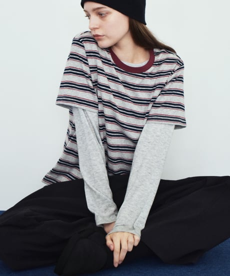 nh-tops-02627　マルチボーダー ルーズ Tシャツ　グレー