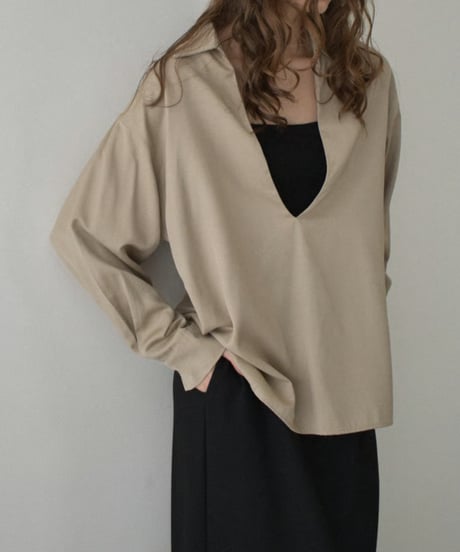 tops-12012　スキッパーシャツ 《セットアップ可能》　モカベージュ　ブラック