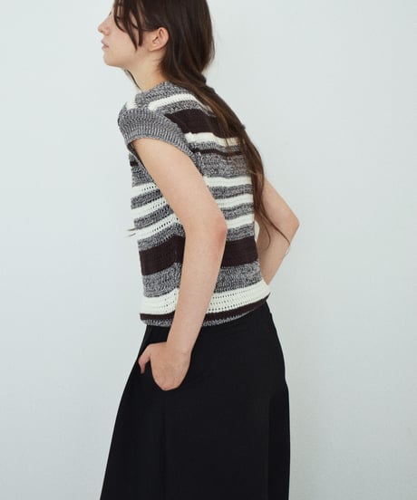 knit-02390　マルチボーダー ノースリーブ ニット　ブラウン　ブラック