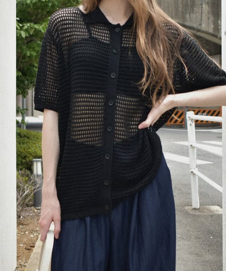 knit-02332　オーバーサイズ メッシュ ポロニット　アイボリー　ブラック
