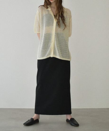 knit-02332　オーバーサイズ メッシュ ポロニット　アイボリー　ブラック