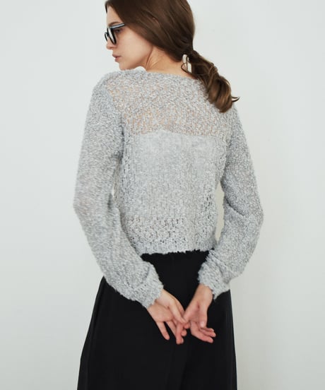 knit-02391　ブークレコンパクトカーディガン　グレー　オフホワイト
