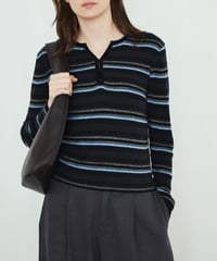nh-knit-02394　マルチボーダー ヘンリーニットトップス　ライトグレー　チャコール