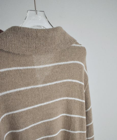 knit-02389　ポロカラー ボーダー ニット　ベージュ　ブラウン