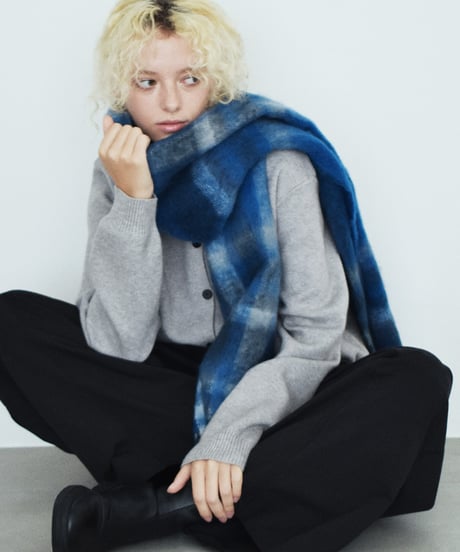 muffler-02027　チェック　フリンジ ワイドマフラー　ブルー　ブラウン