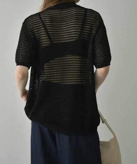knit-02332　オーバーサイズ メッシュ ポロニット　アイボリー　ブラック