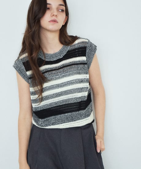 knit-02390　マルチボーダー ノースリーブ ニット　ブラウン　ブラック