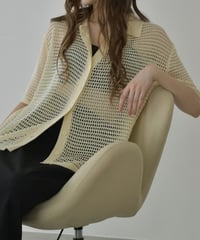 knit-02332　オーバーサイズ メッシュ ポロニット　アイボリー　ブラック