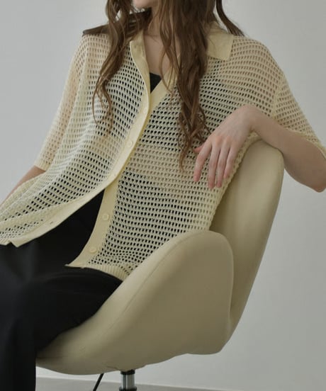 knit-02332　オーバーサイズ メッシュ ポロニット　アイボリー　ブラック