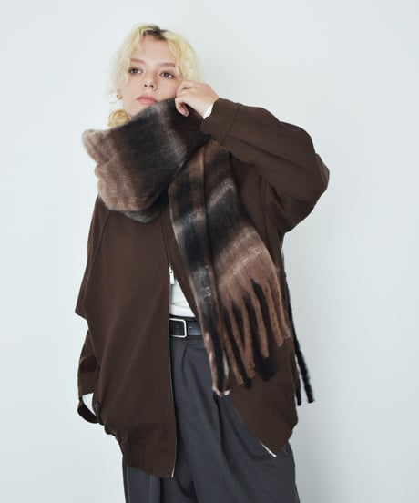 muffler-02027　チェック　フリンジ ワイドマフラー　ブルー　ブラウン