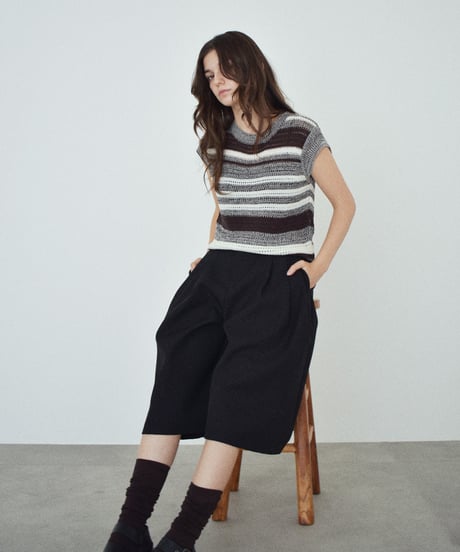 knit-02390　マルチボーダー ノースリーブ ニット　ブラウン　ブラック