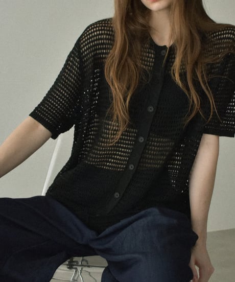 knit-02332　オーバーサイズ メッシュ ポロニット　アイボリー　ブラック