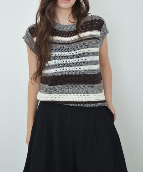 knit-02390　マルチボーダー ノースリーブ ニット　ブラウン　ブラック