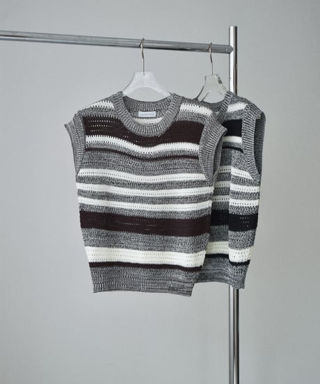 knit-02390　マルチボーダー ノースリーブ ニット　ブラウン　ブラック