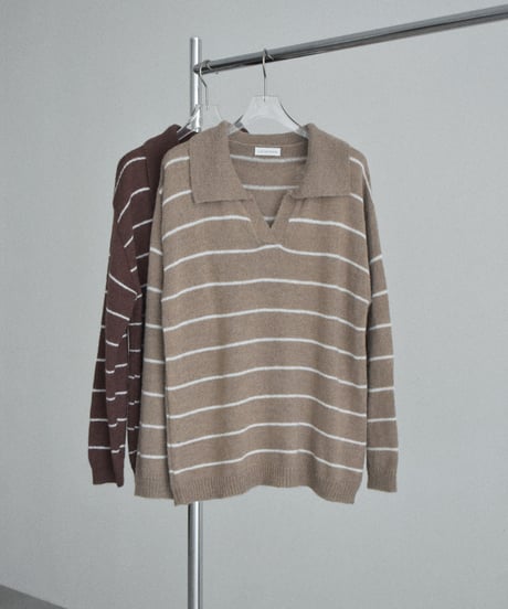 knit-02389　ポロカラー ボーダー ニット　ベージュ　ブラウン