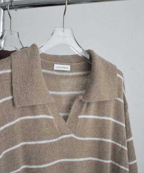 knit-02389　ポロカラー ボーダー ニット　ベージュ　ブラウン